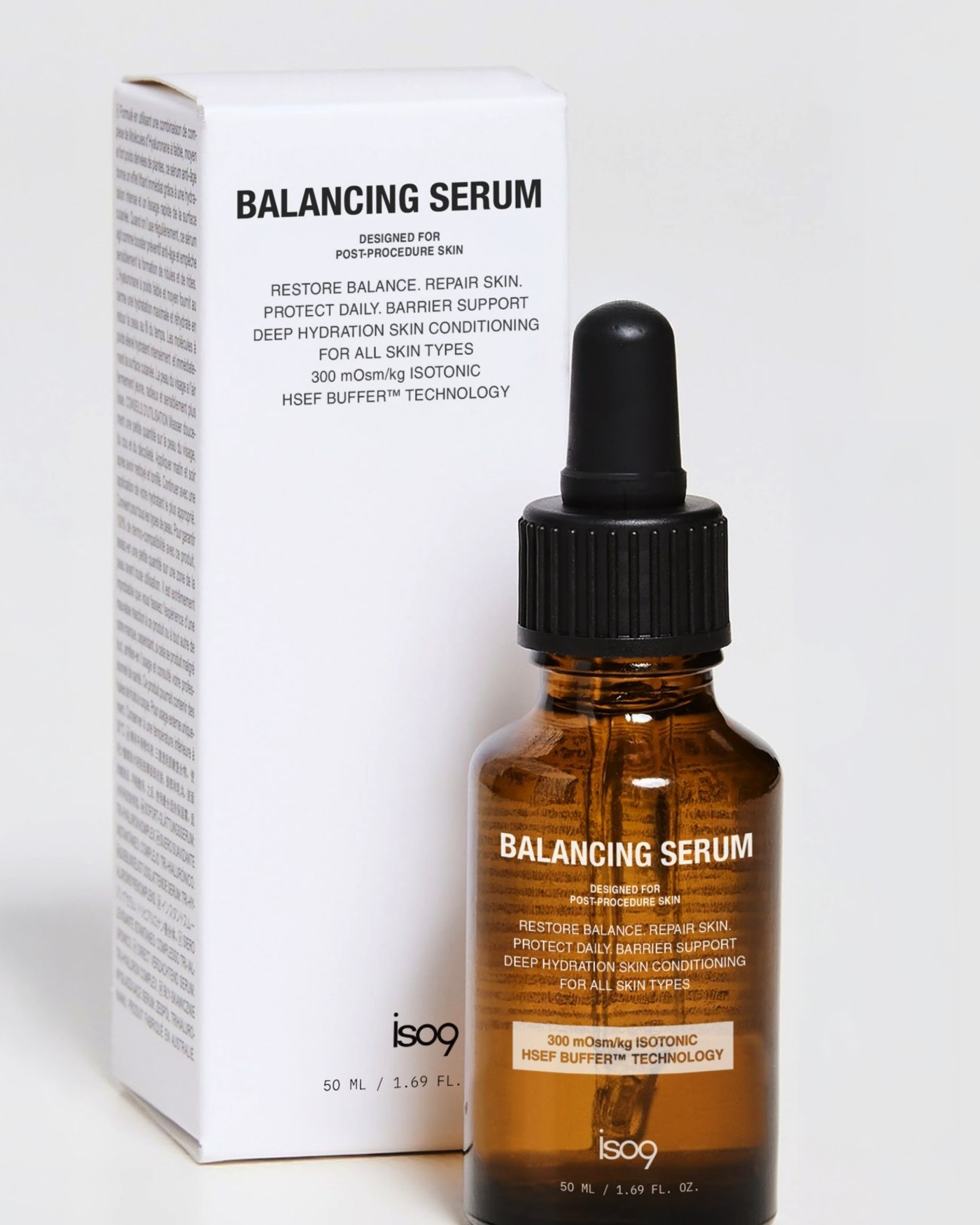 ISO9™ Balancing Serum bottle and carton, the label showing 300 mOsm/kg, isotonic, HSEF Buffer™ technology.